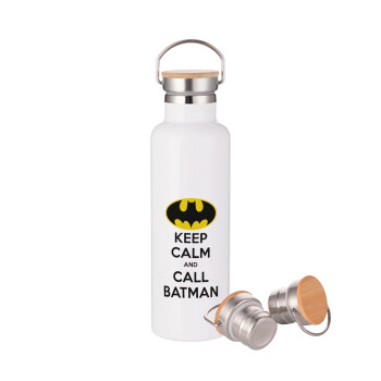 KEEP CALM & Call BATMAN, Μεταλλικό παγούρι θερμός (Stainless steel) Λευκό με ξύλινο καπάκι (bamboo), διπλού τοιχώματος, 750ml