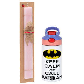 KEEP CALM & Call BATMAN, Πασχαλινό Σετ, Παιδικό παγούρι θερμό, ανοξείδωτο, με καλαμάκι ασφαλείας, ροζ/μωβ (350ml) & πασχαλινή λαμπάδα αρωματική πλακέ (30cm) (ΡΟΖ)