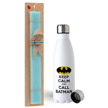 KEEP CALM & Call BATMAN, Πασχαλινή Λαμπάδα με μεταλλικό παγούρι ανοξείδωτο (750ml) & κερί αρωματικό πλακέ (30cm) (ΤΙΡΚΟΥΑΖ)
