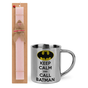 KEEP CALM & Call BATMAN, Πασχαλινή Λαμπάδα με μεταλλική κούπα θερμό (300ml) & κερί αρωματικό πλακέ (30cm) (ΡΟΖ)