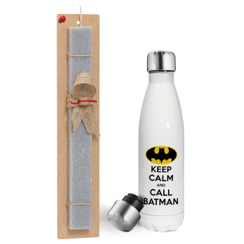 KEEP CALM & Call BATMAN, Πασχαλινή λαμπάδα, μεταλλικό παγούρι θερμός λευκός (500ml) & λαμπάδα αρωματική πλακέ (30cm) (ΓΚΡΙ)