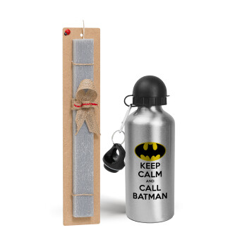 KEEP CALM & Call BATMAN, Easter Set, metallic silver aluminum water bottle (500ml) & aromatic flat Easter candle (30cm) (GRAY)