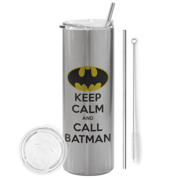 KEEP CALM & Call BATMAN, Eco friendly stainless steel Silver tumbler 600ml, with metal straw & cleaning brush