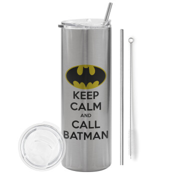KEEP CALM & Call BATMAN, Tumbler ποτήρι θερμό Ασημένιο από ανοξείδωτο ατσάλι 600ml, με μεταλλικό καλαμάκι & βούρτσα καθαρισμού