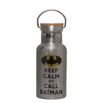 KEEP CALM & Call BATMAN, Μεταλλικό παγούρι θερμός (Stainless steel) Ασημένιο με ξύλινο καπακι (bamboo), διπλού τοιχώματος, 350ml