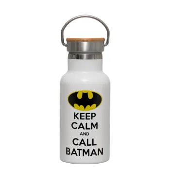 KEEP CALM & Call BATMAN, Metallic thermos (Stainless steel) White with wooden lid (bamboo), double-walled, 350ml