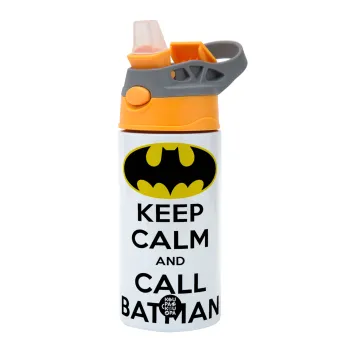 KEEP CALM & Call BATMAN, Children's hot water bottle, stainless steel, with safety straw, Orange/Grey (360ml) BPA-FREE