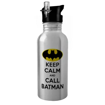 KEEP CALM & Call BATMAN, Παγούρι νερού Ασημένιο με καλαμάκι, ανοξείδωτο ατσάλι 600ml