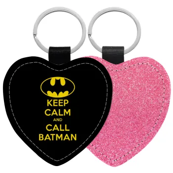 KEEP CALM & Call BATMAN, Μπρελόκ PU δερμάτινο glitter καρδιά ΡΟΖ