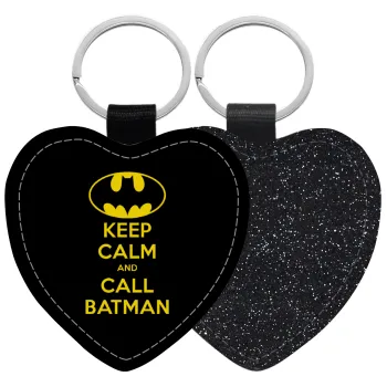 KEEP CALM & Call BATMAN, Μπρελόκ PU δερμάτινο glitter καρδιά ΜΑΥΡΟ