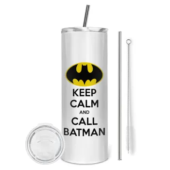 KEEP CALM & Call BATMAN, Tumbler ποτήρι θερμό από ανοξείδωτο ατσάλι 600ml, με μεταλλικό καλαμάκι & βούρτσα καθαρισμού