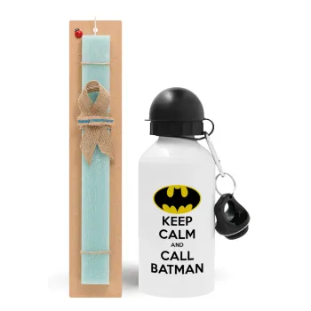 KEEP CALM & Call BATMAN, Easter Set, metallic aluminum water bottle (500ml) & scented flat candle (30cm) (TURQUOISE)