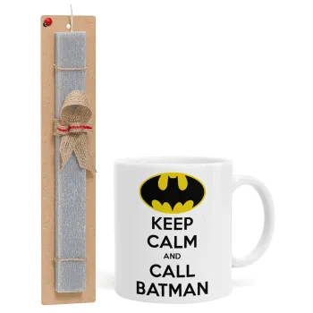 KEEP CALM & Call BATMAN, Πασχαλινή Λαμπάδα με Κούπα κεραμική (330ml) & κερί αρωματικό πλακέ (30cm) (ΓΚΡΙ)