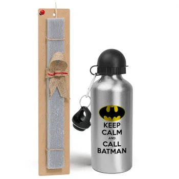KEEP CALM & Call BATMAN, Πασχαλινή Λαμπάδα με παγούρι μεταλλικό Ασημένιο αλουμινίου (500ml) & κερί αρωματικό πλακέ (30cm) (ΓΚΡΙ)