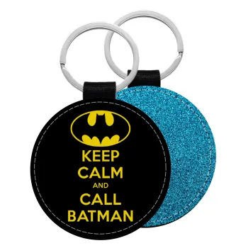 KEEP CALM & Call BATMAN, Μπρελόκ Δερματίνη, στρογγυλό ΜΠΛΕ (5cm)