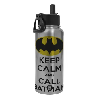 KEEP CALM & Call BATMAN, Μεταλλικό παγούρι θερμός Silver με καλαμάκι και χερούλι (Stainless steel), διπλού τοιχώματος, 950ml