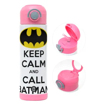KEEP CALM & Call BATMAN, Παιδικό παγούρι θερμό, ανοξείδωτο, με καλαμάκι ασφαλείας, ΡΟΖ (500ml)