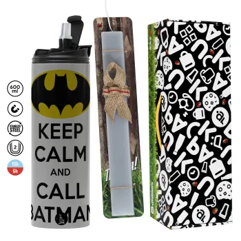 KEEP CALM & Call BATMAN, Πασχαλινή Λαμπάδα με Travel Tumbler θερμό (600ml, BPA free) & κερί αρωματικό πλακέ (30cm) (ΓΚΡΙ)