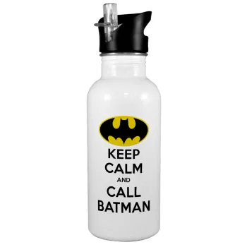 KEEP CALM & Call BATMAN, Παγούρι νερού Λευκό με καλαμάκι, ανοξείδωτο ατσάλι 600ml