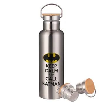 KEEP CALM & Call BATMAN, Μεταλλικό παγούρι θερμός (Stainless steel) Ασημένιο με ξύλινο καπακι (bamboo), διπλού τοιχώματος, 750ml