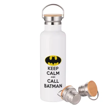 KEEP CALM & Call BATMAN, Μεταλλικό παγούρι θερμός (Stainless steel) Λευκό με ξύλινο καπάκι (bamboo), διπλού τοιχώματος, 750ml
