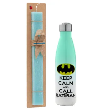 KEEP CALM & Call BATMAN, Πασχαλινή Λαμπάδα με Μεταλλικό παγούρι θερμός Πράσινο/Λευκό (Stainless steel), διπλού τοιχώματος, 500ml & κερί αρωματικό πλακέ (30cm) (ΤΙΡΚΟΥΑΖ)