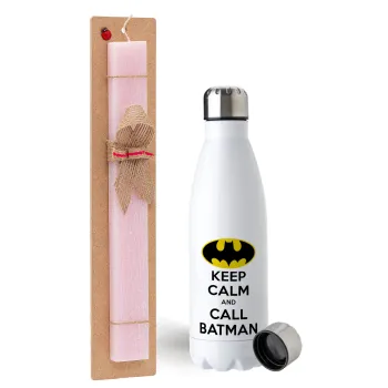 KEEP CALM & Call BATMAN, Πασχαλινή Λαμπάδα με μεταλλικό παγούρι ανοξείδωτο (750ml) & κερί αρωματικό πλακέ (30cm) (ΡΟΖ)