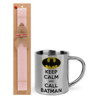 KEEP CALM & Call BATMAN, Πασχαλινή Λαμπάδα με μεταλλική κούπα θερμό (300ml) & κερί αρωματικό πλακέ (30cm) (ΡΟΖ)