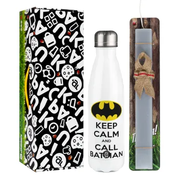 KEEP CALM & Call BATMAN, Easter candle, metallic white thermos bottle (500ml) & aromatic flat candle (30cm) (GRAY)