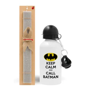KEEP CALM & Call BATMAN, Πασχαλινή Λαμπάδα με παγούρι μεταλλικό  αλουμινίου (500ml) & κερί αρωματικό πλακέ (30cm) (ΓΚΡΙ)