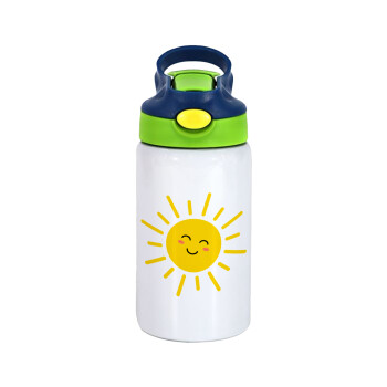 Happy sun, Children's hot water bottle, stainless steel, with safety straw, green, blue (350ml)
