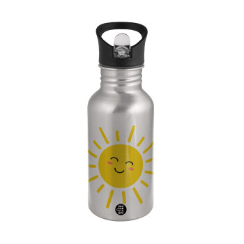 Happy sun, Water bottle Silver with straw, stainless steel 500ml