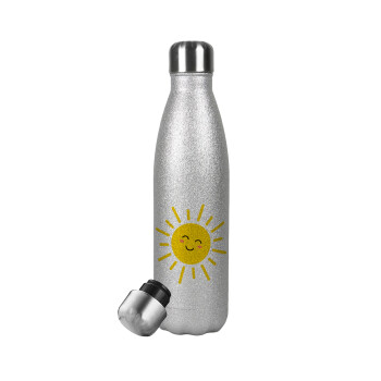 Happy sun, Μεταλλικό παγούρι θερμός Glitter Aσημένιο (Stainless steel), διπλού τοιχώματος, 500ml