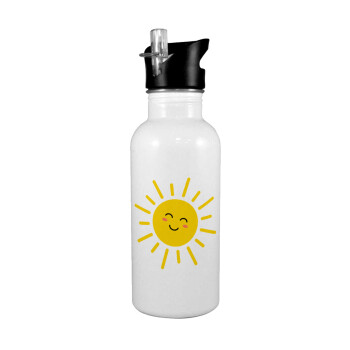 Happy sun, White water bottle with straw, stainless steel 600ml