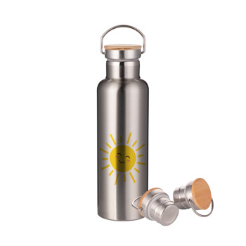 Happy sun, Stainless steel Silver with wooden lid (bamboo), double wall, 750ml