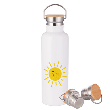 Happy sun, Stainless steel White with wooden lid (bamboo), double wall, 750ml