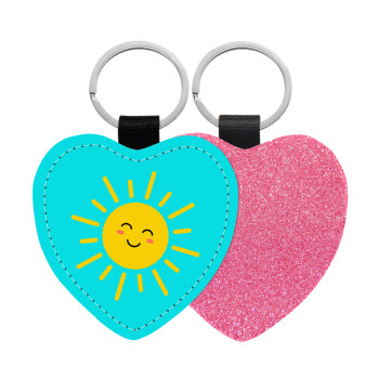 Happy sun, Μπρελόκ PU δερμάτινο glitter καρδιά ΡΟΖ