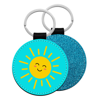 Happy sun, Μπρελόκ Δερματίνη, στρογγυλό ΜΠΛΕ (5cm)