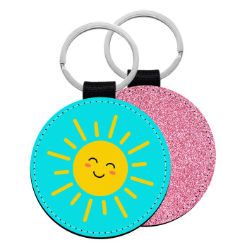 Happy sun, Μπρελόκ Δερματίνη, στρογγυλό ΡΟΖ (5cm)