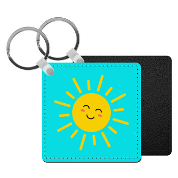 Happy sun, Μπρελόκ Δερματίνη, τετράγωνο ΜΑΥΡΟ (5x5cm)