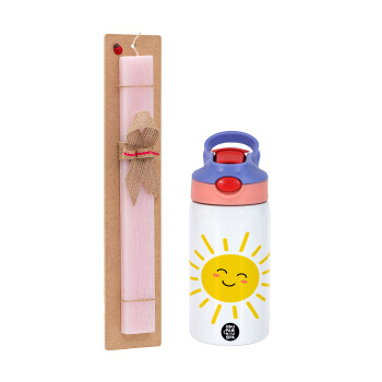 Happy sun, Easter Set, Children's thermal stainless steel water bottle with safety straw, pink/purple (350ml) & Easter scented flat candle (30cm) (PINK)