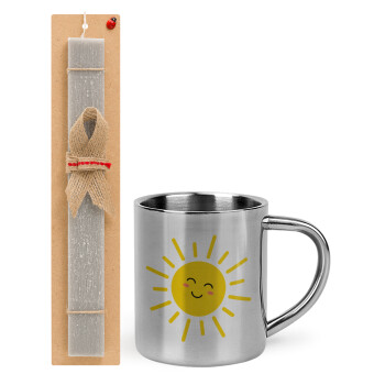 Happy sun, Πασχαλινό Σετ, μεταλλική κούπα θερμό (300ml) & πασχαλινή λαμπάδα αρωματική πλακέ (30cm) (ΓΚΡΙ)