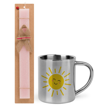 Happy sun, Πασχαλινό Σετ, μεταλλική κούπα θερμό (300ml) & πασχαλινή λαμπάδα αρωματική πλακέ (30cm) (ΡΟΖ)