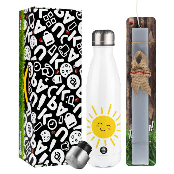 Happy sun, Easter candle, metallic white thermos bottle (500ml) & aromatic flat candle (30cm) (GRAY)