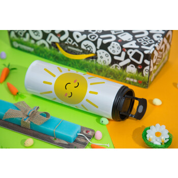 Happy sun, Πασχαλινή Λαμπάδα με Travel Tumbler θερμό με διπλό καπάκι (600ml, BPA free) & κερί αρωματικό πλακέ (30cm) (ΤΙΡΚΟΥΑΖ)