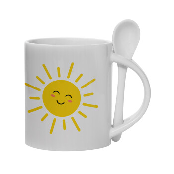 Happy sun, Ceramic coffee mug with Spoon, 330ml (1pcs)