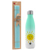 Easter Set, Metallic green/white thermos (Stainless steel), double-walled, 500ml & scented flat Easter candle (30cm) (TURQUOISE)