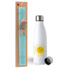 Easter Set, metallic stainless steel water bottle (750ml) & aromatic flat Easter candle (30cm) (TURQUOISE)