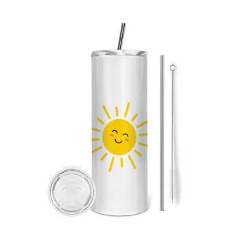 Happy sun, Eco friendly ποτήρι θερμό (tumbler) από ανοξείδωτο ατσάλι 600ml, με μεταλλικό καλαμάκι & βούρτσα καθαρισμού