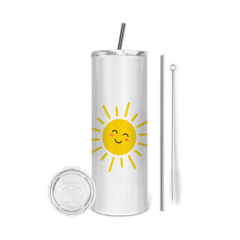 Happy sun, Tumbler ποτήρι θερμό από ανοξείδωτο ατσάλι 600ml, με μεταλλικό καλαμάκι & βούρτσα καθαρισμού